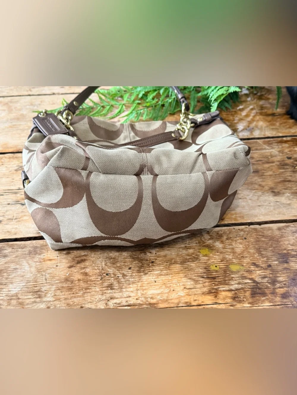 Coach Brown and Tan Canvas Shoulder Bag with Gold Hardware